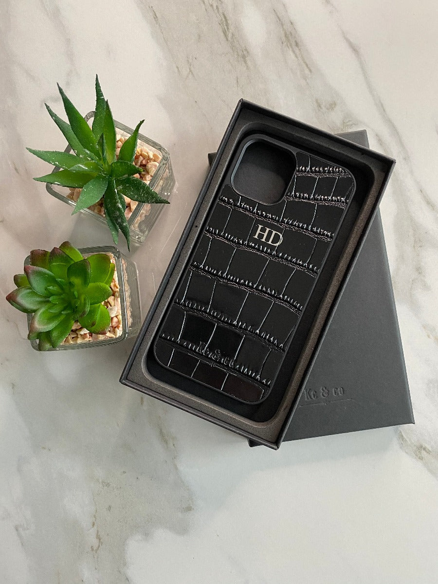 Monogram IPhone 11 Pro Personalised BLACK Mock Croc Genuine Leather, C – Kc  & Co