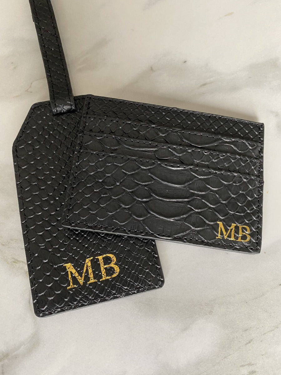 SNAKE SKIN LEATHER CARD HOLDER AND LUGGAGE TAG SET