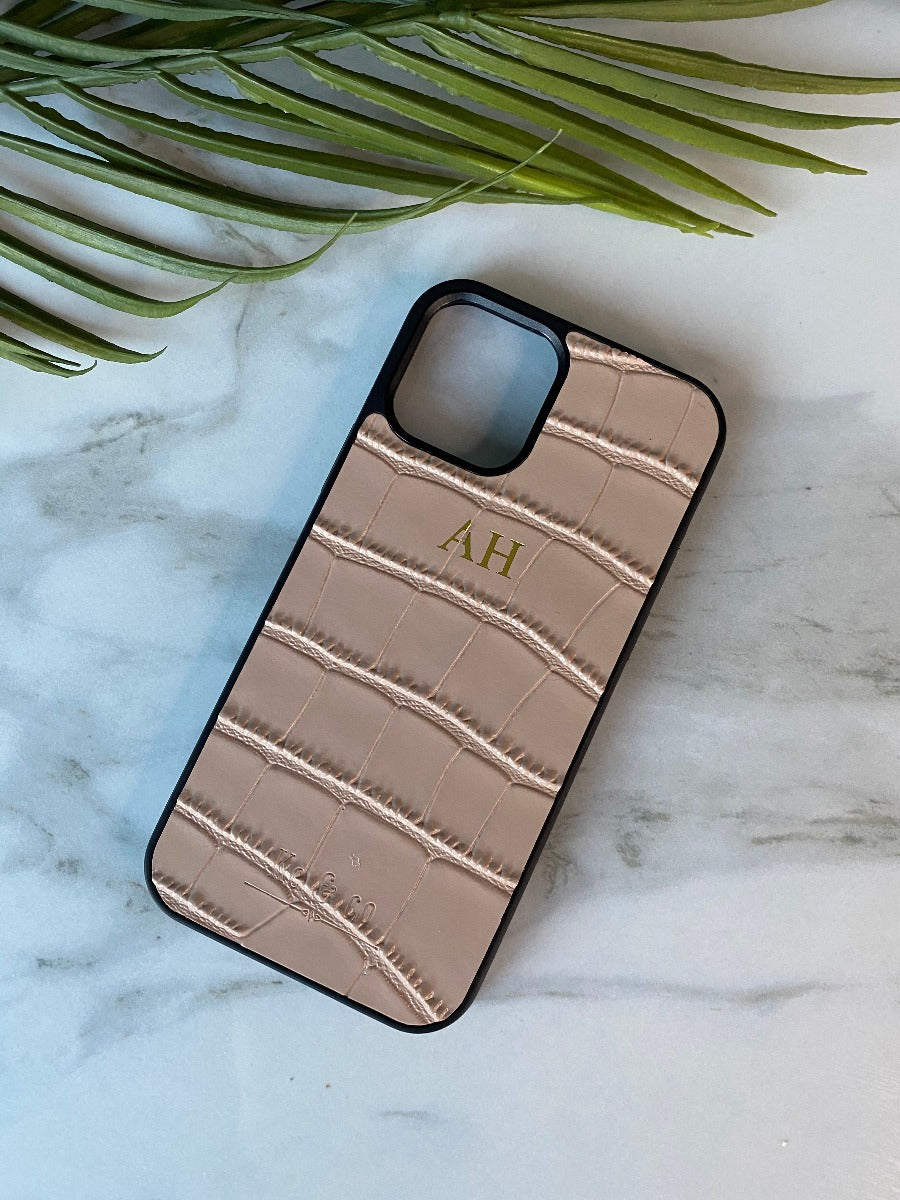 IPhone 12 & 12 Pro Personalised NUDE mock Croc Genuine Leather phone case cover