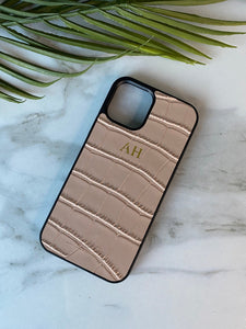 IPhone 12 & 12 Pro Personalised NUDE mock Croc Genuine Leather phone case cover
