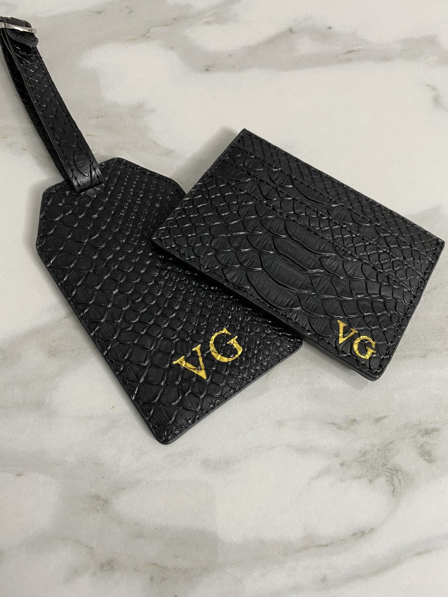 SNAKE SKIN LEATHER CARD HOLDER AND LUGGAGE TAG SET
